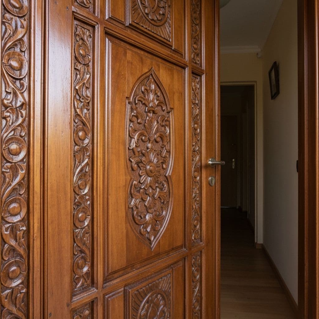Close detail of hand-carved door panelling